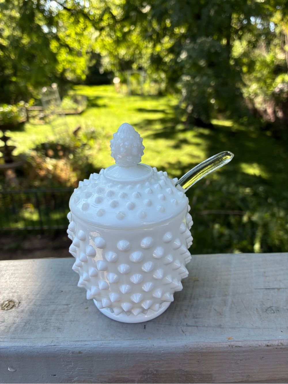 Vintage Fenton White Hobnail Milk Glass Covered Sugar/Condiment Jar with Spoon